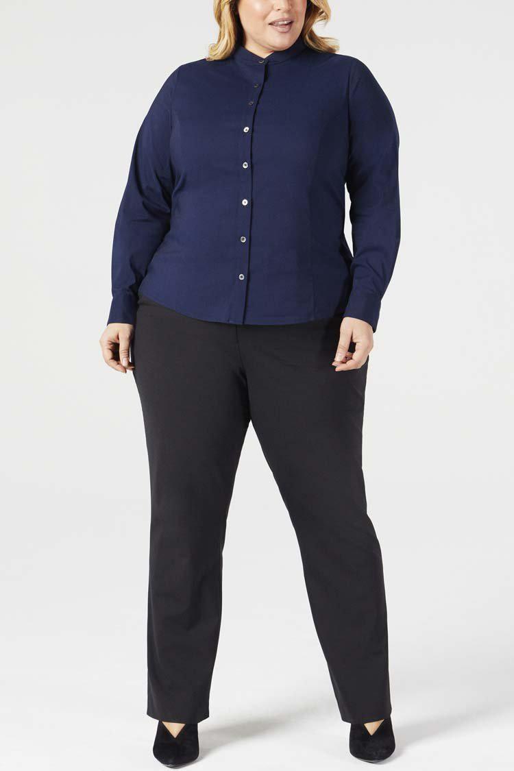 Pari Passu Mandarin Collar Button Up Shirt Fit B: &quot;Curvier Body Type&quot; - Navy