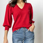 Lilla P 3/4 Puff Sleeve V-Neck Sweater - /Red - XL