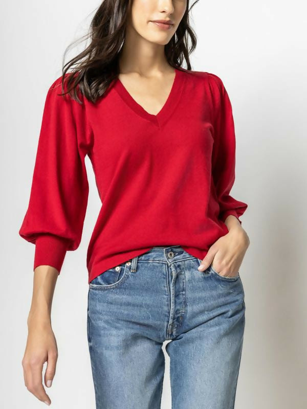 Lilla P 3/4 Puff Sleeve V-Neck Sweater - /Red - XL