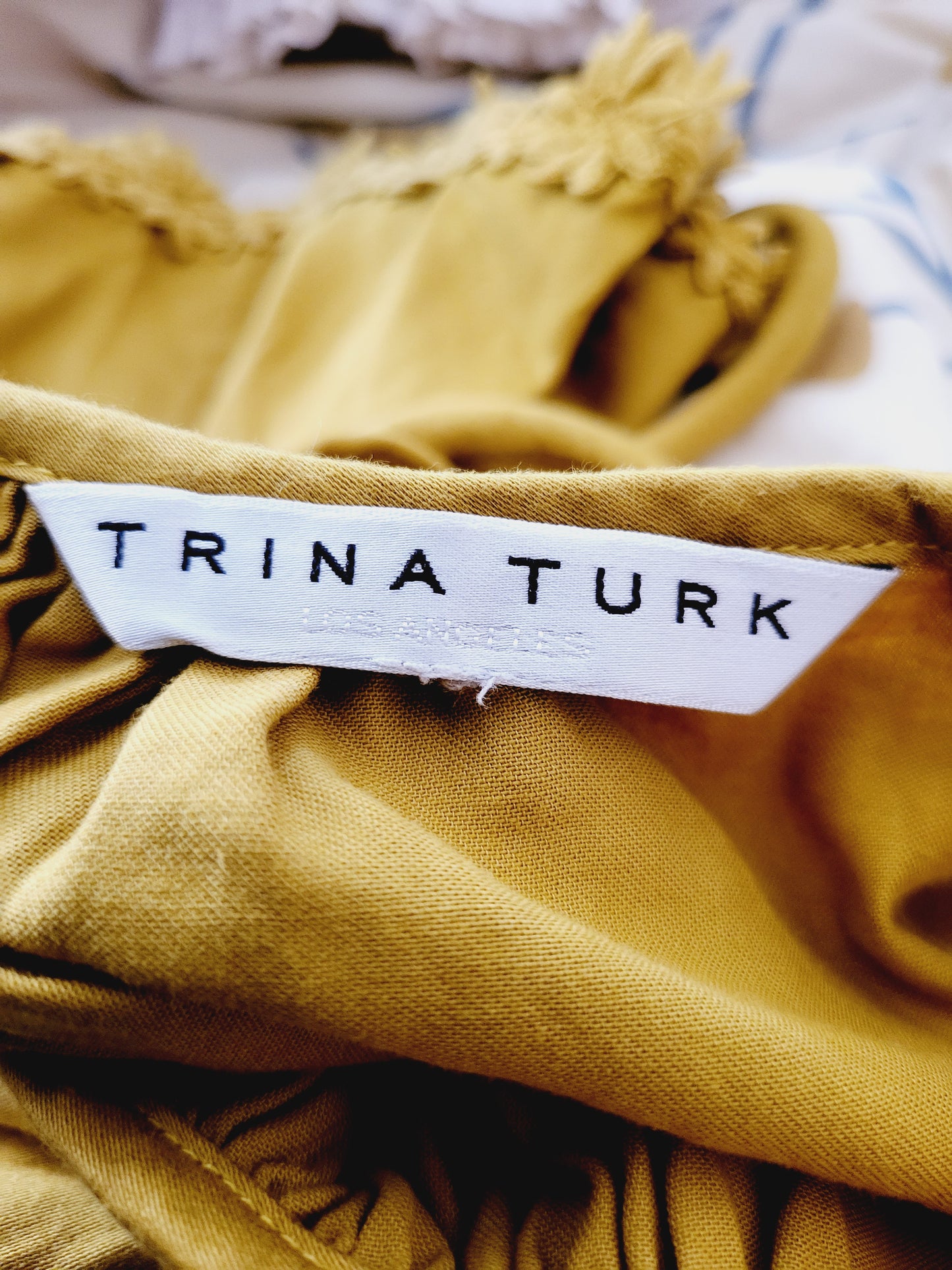 Trina Turk Mustard Gold Climate Top W/ Crochet Detail Hem