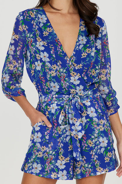 Yumi Kim Liz Belted Romper - Floral - Blue Multi/Eden Royal Blue