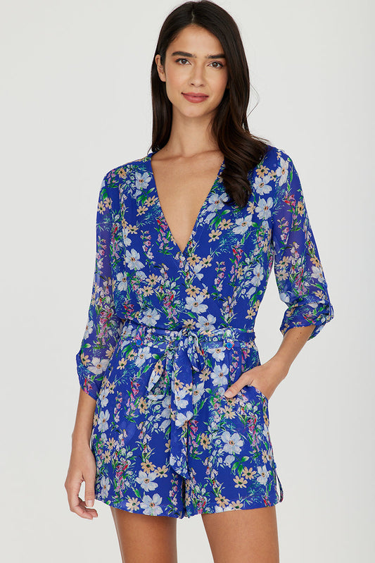 Yumi Kim Liz Belted Romper - Floral - Blue Multi/Eden Royal Blue