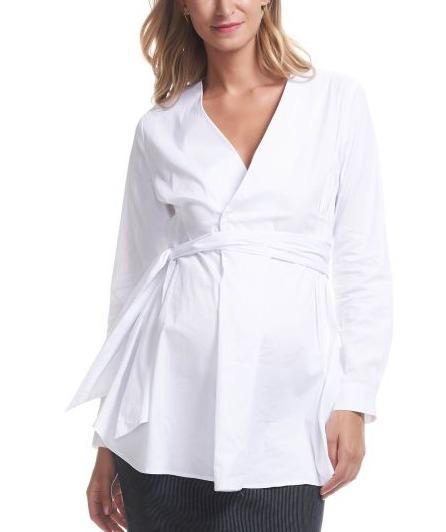 Soon Maternity Maternity Wrap V-Neck Dress Shirt - White - SM