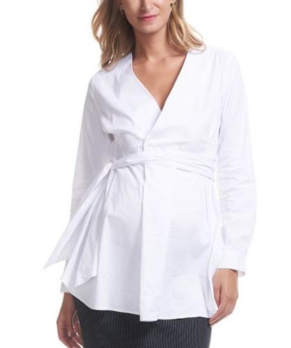 Soon Maternity Maternity Wrap V-Neck Dress Shirt - White