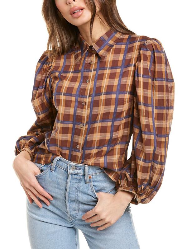 Staud Joni Plaid Button-Up Top XS Multicolor Long Sleeve Women&