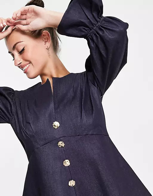 Mini dress with puff sleeves and buttons in navy