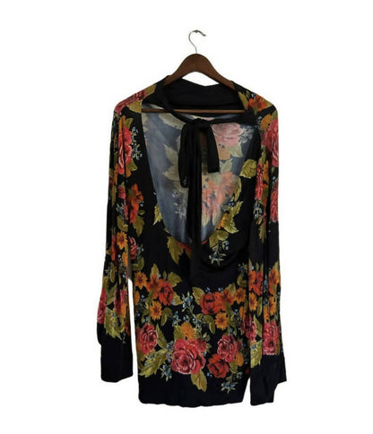 Free People xSmall 2 AM Mini Dress Tie Open Back Black Floral Shift Long Sleeve