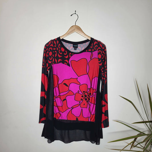 Olian Gauze Trim Tunic - Abstract - Red Multi/Fuchsia Floral Print