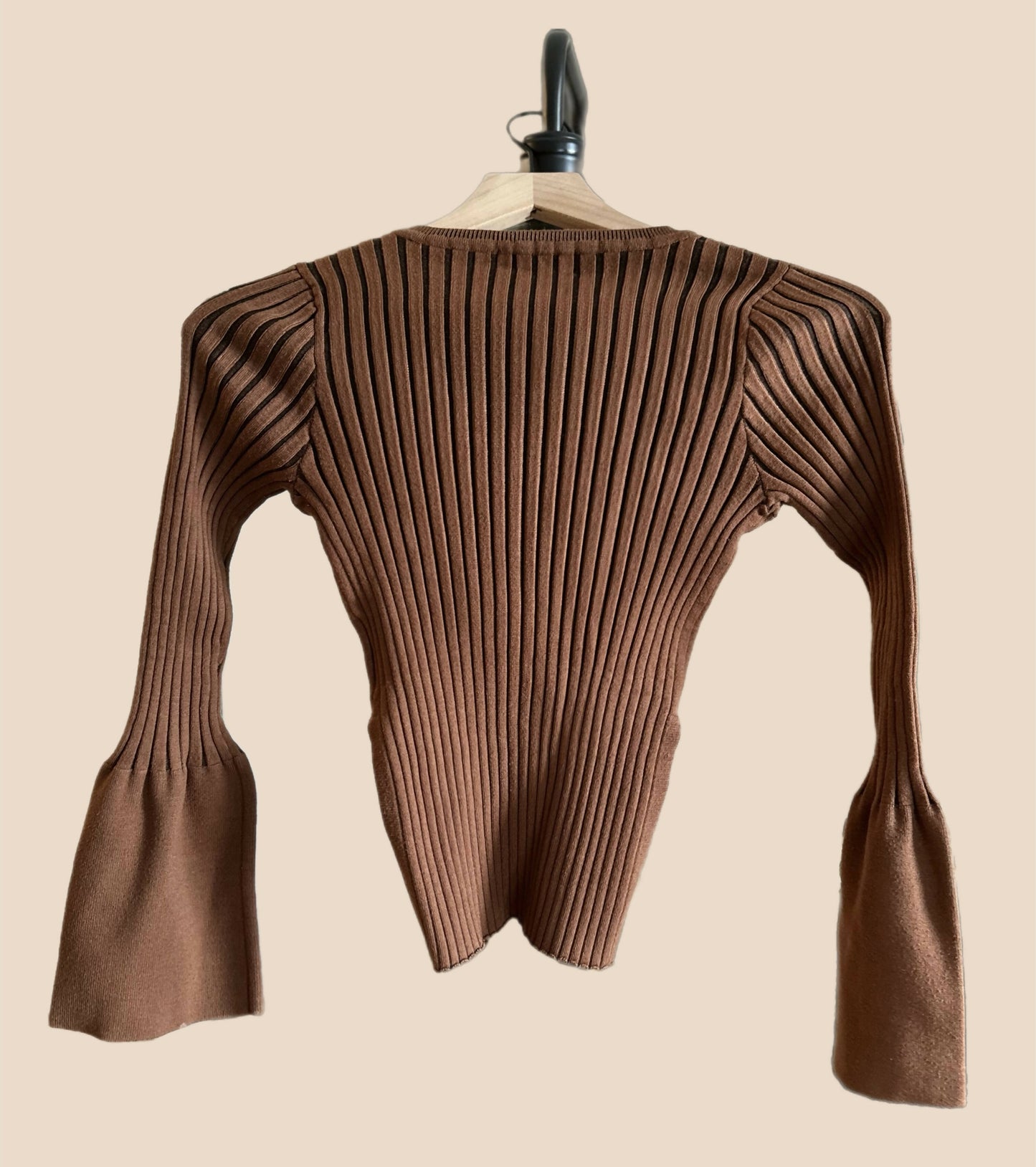 Few Moda Ribbed Bell Sleeve Sweater Blouse - Brown