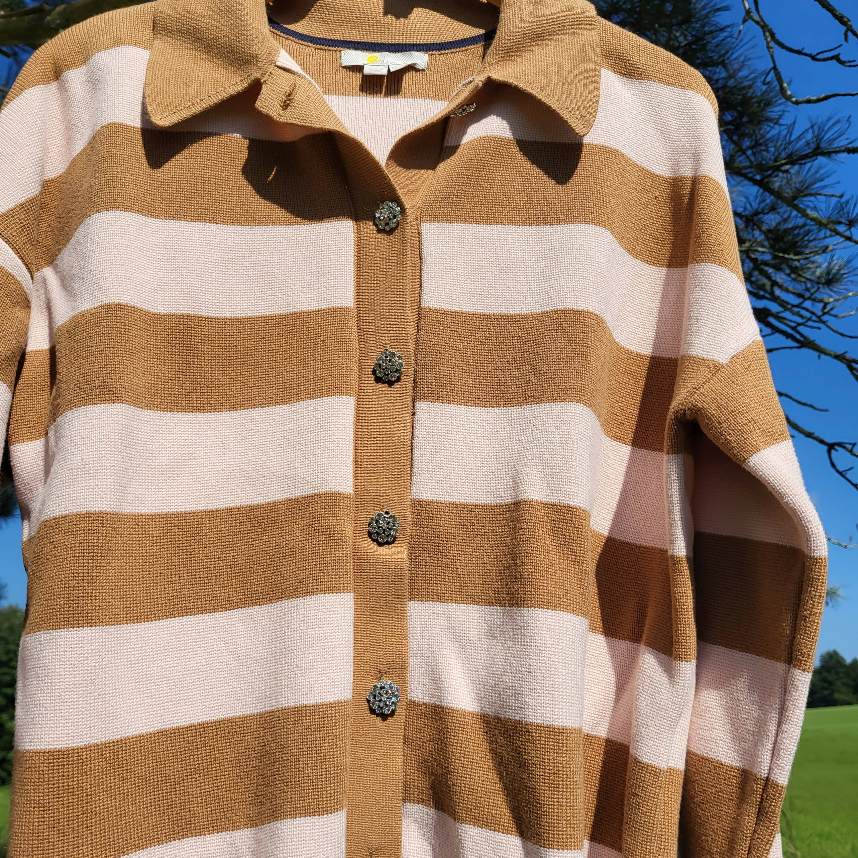 Boden Jewel Button Collared Open Cardigan - Stripes - Pink Multi/Milkshake/Camel Stripe - 10