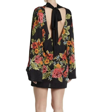 Free People xSmall 2 AM Mini Dress Tie Open Back Black Floral Shift Long Sleeve