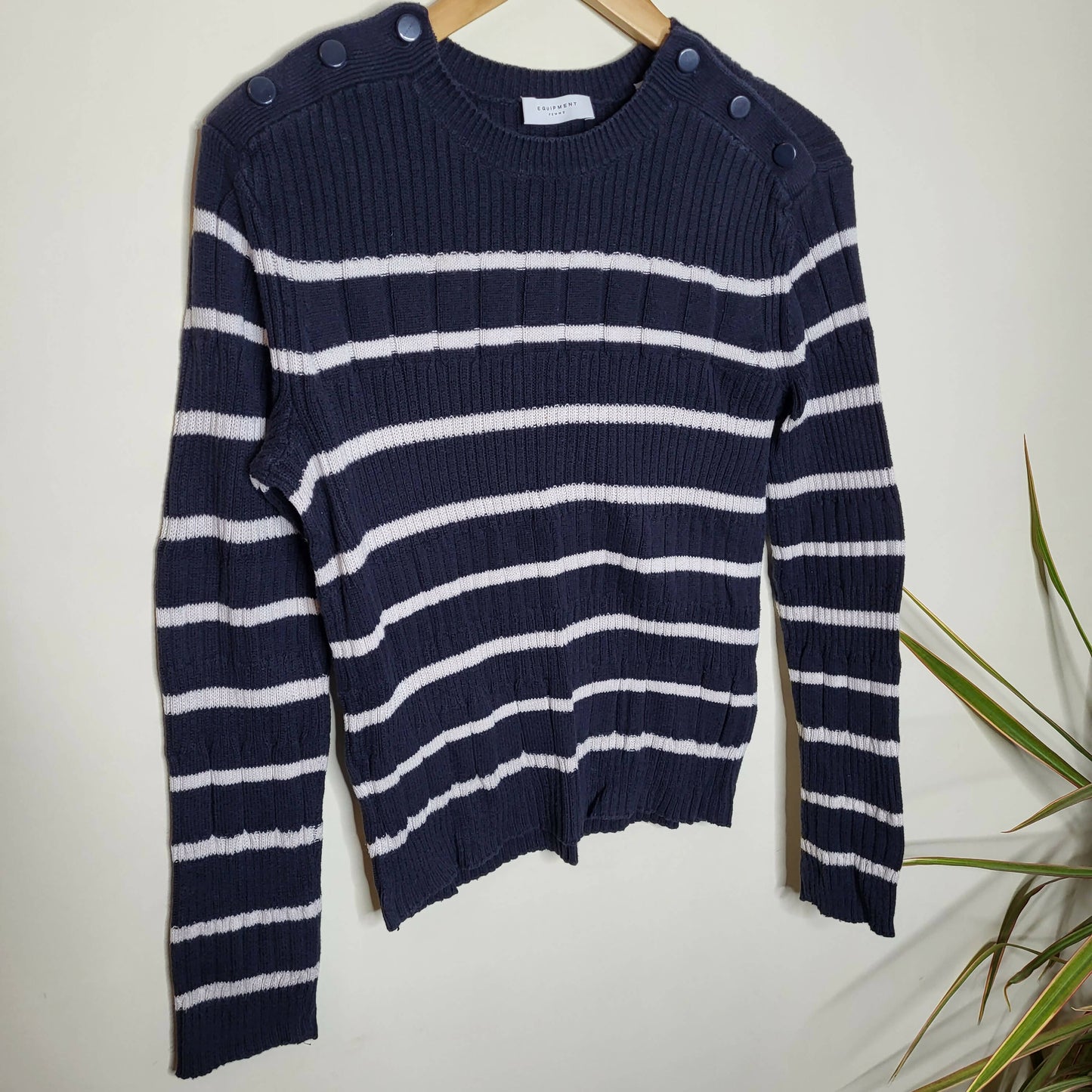 Equipment Ancelin Button Detail Sweater - Stripes - Black Multi/Eclipse/pristine