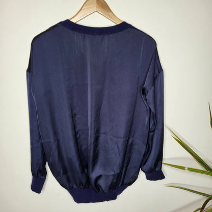 Amanda Wakeley Satin Paneled Cashmere and Wool Blend Sweater - /Navy