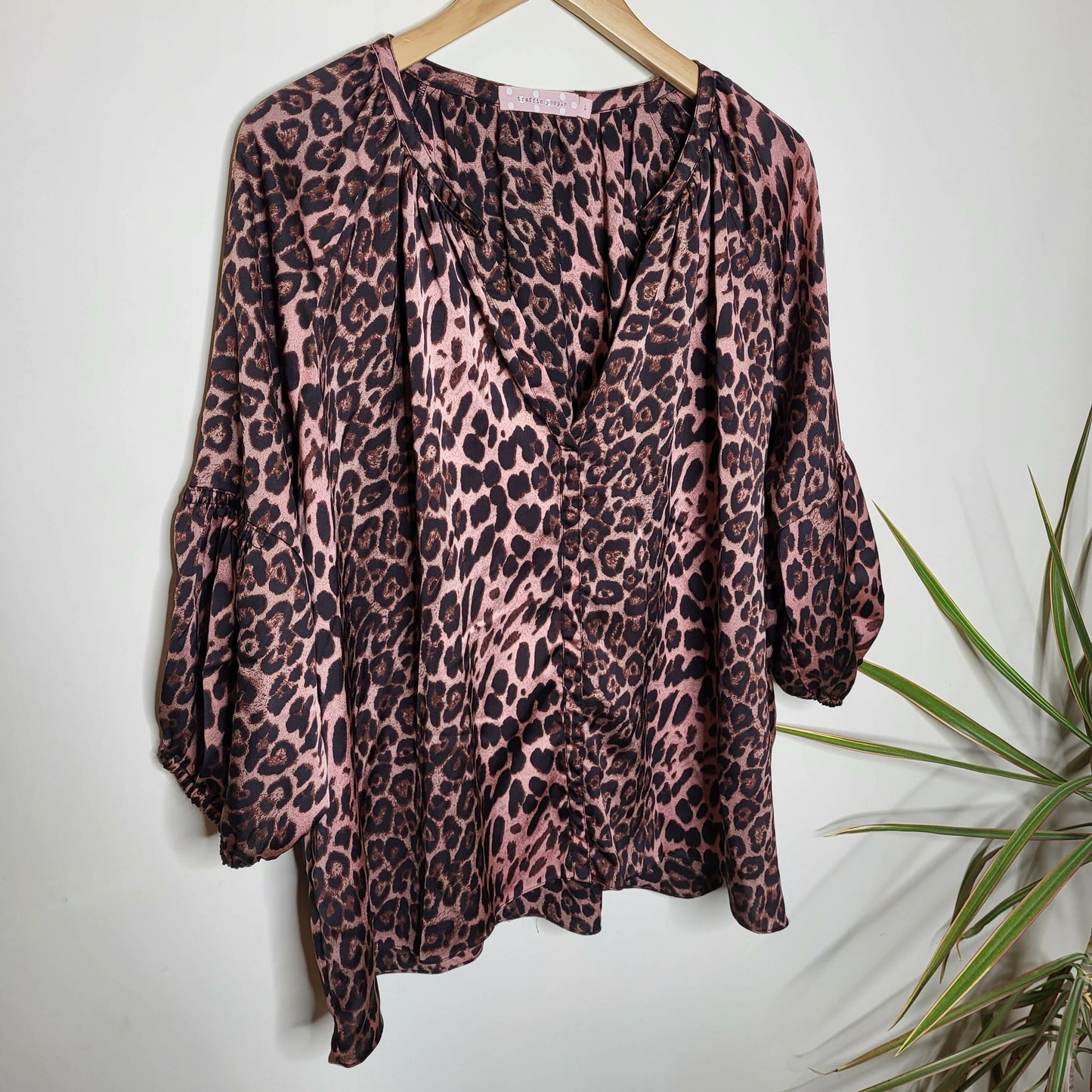 Traffic People High-Low Hem Splitneck Sheer Blouse - Animal - Pink Multi/Pink