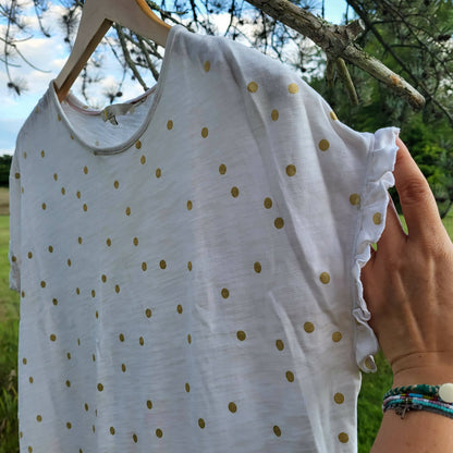 Boden Faye Cap Sleeve T-shirt Dress - Polka Dot - White Multi/White/Gold Foil Spot - 6