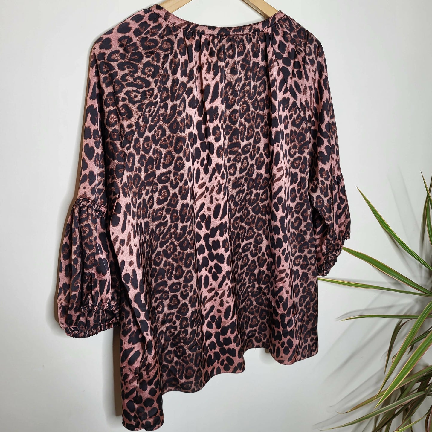 Traffic People High-Low Hem Splitneck Sheer Blouse - Animal - Pink Multi/Pink