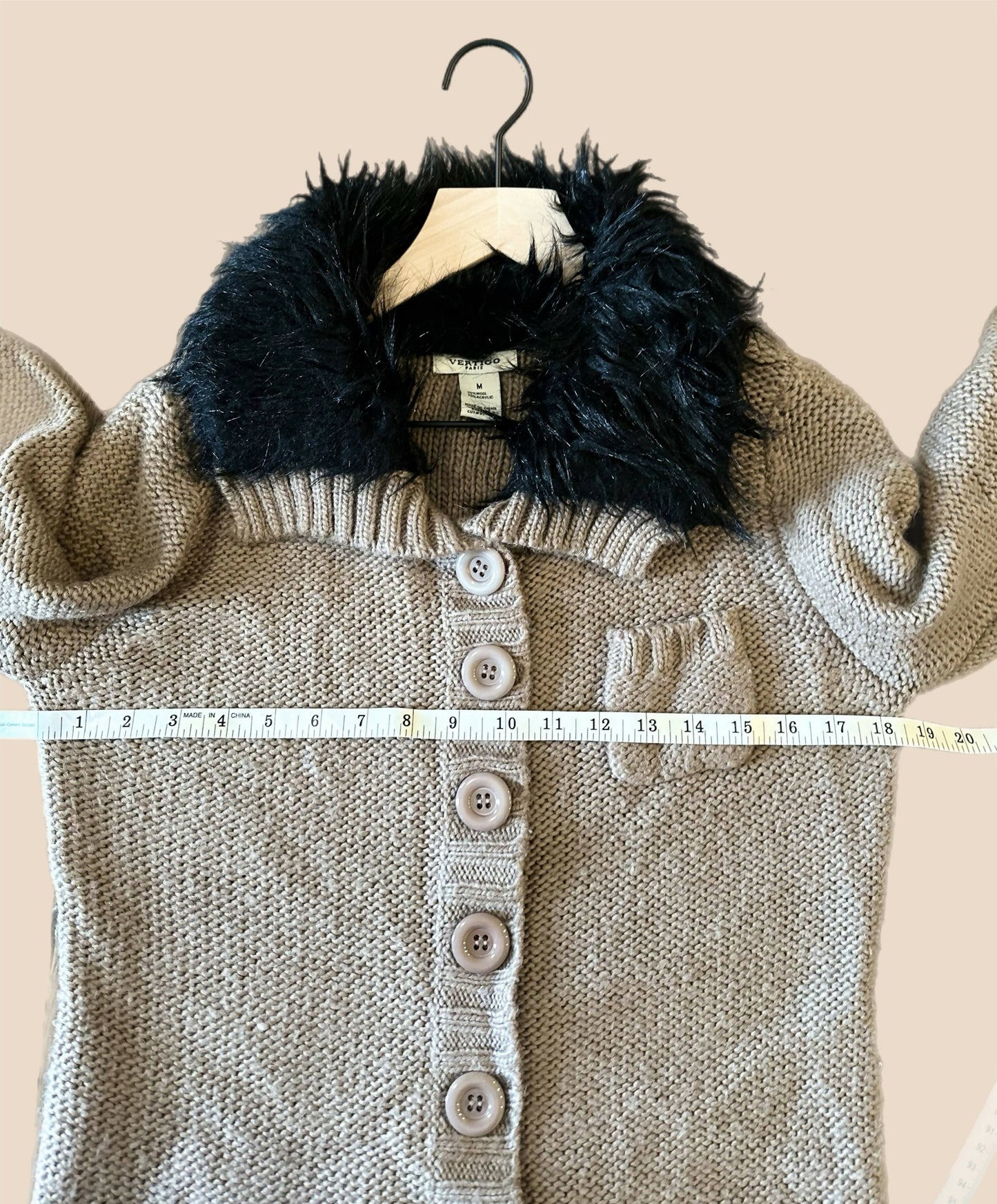 Vertigo Faux Fur Collar Wool Blend Cardigan - /Beige