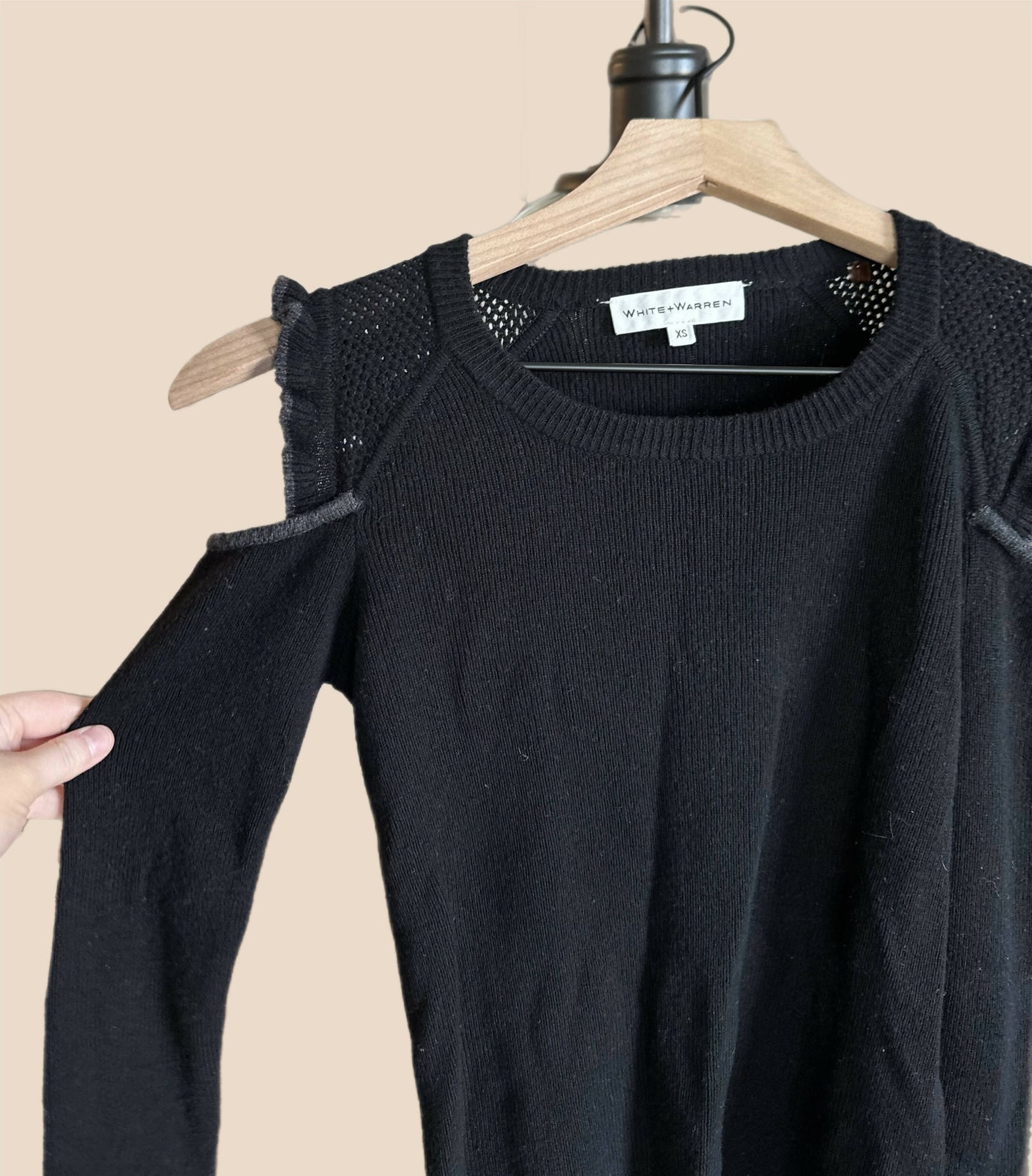 White + Warren Long Sleeve Ruffle Detail Cold Shoulder Merino/Cashmere Sweater - Black Multi