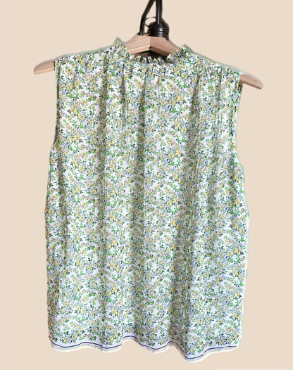 Max Studio Sleeveless Tie Neck Pleated Top - Floral - Green Multi