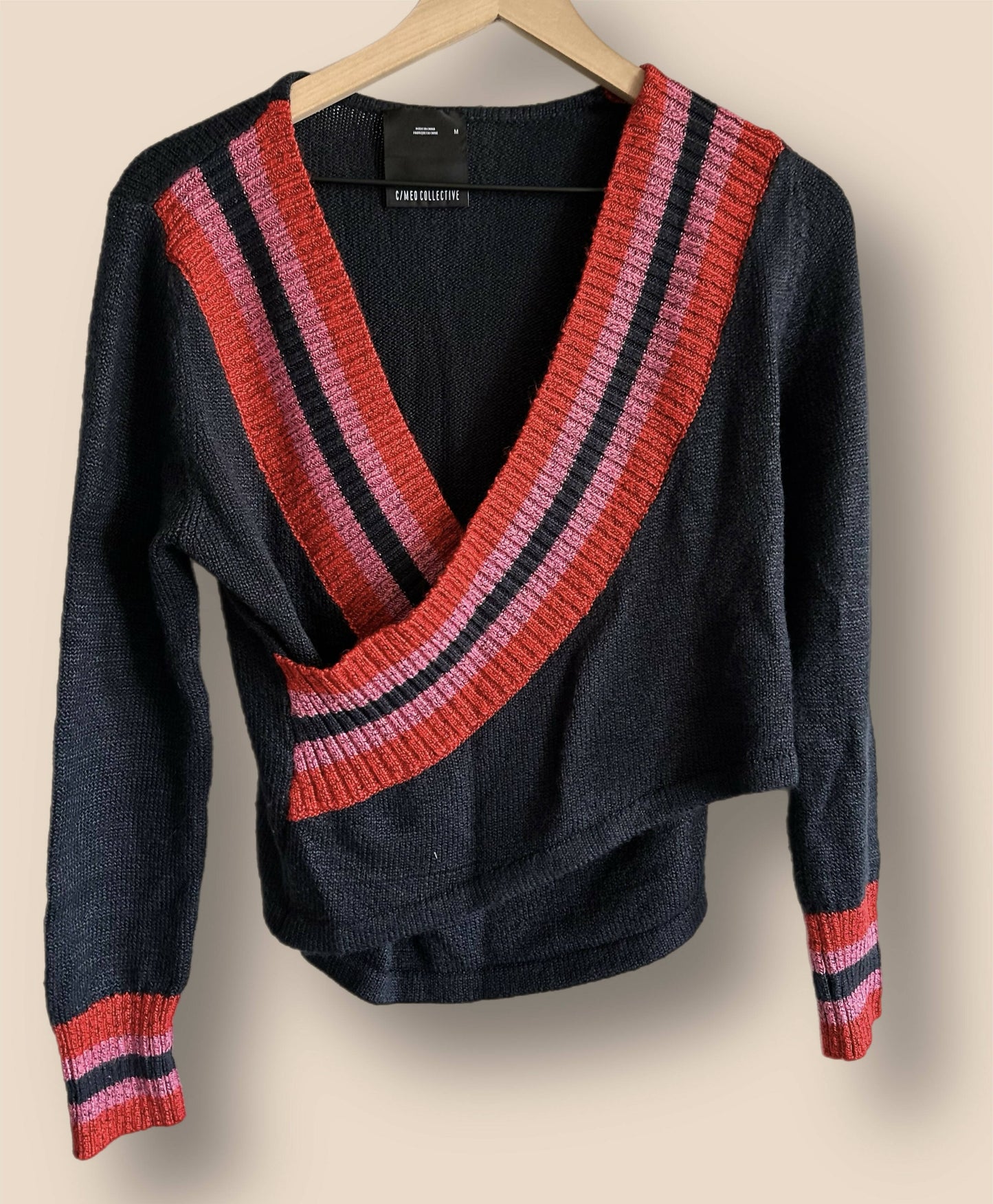 C/meo Collective Long Sleeve V-Neck Crossover Sweater - Stripes - Navy Multi/Navy Sculpt