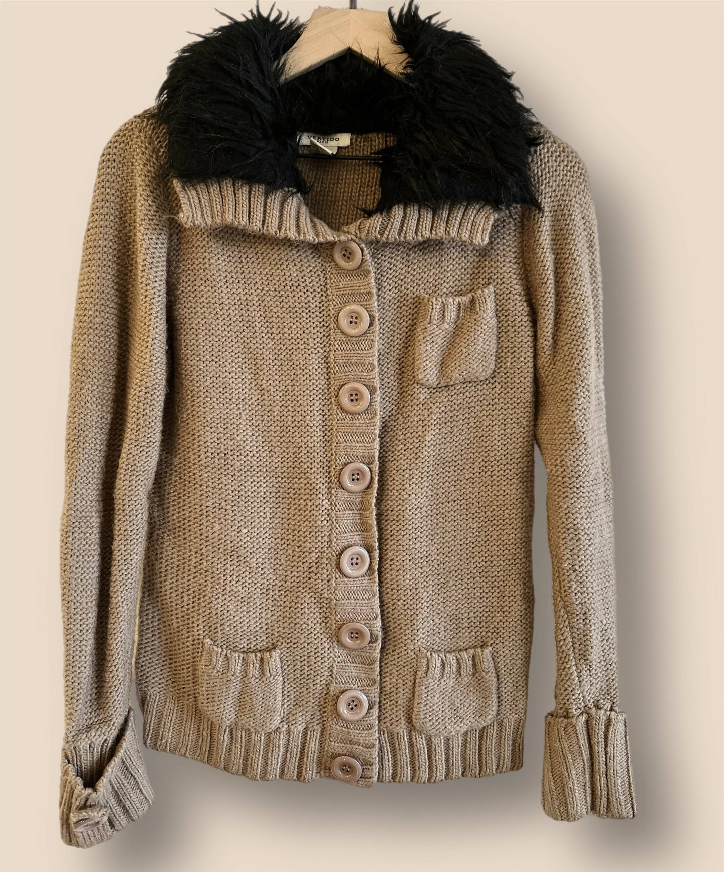 Vertigo Faux Fur Collar Wool Blend Cardigan - /Beige