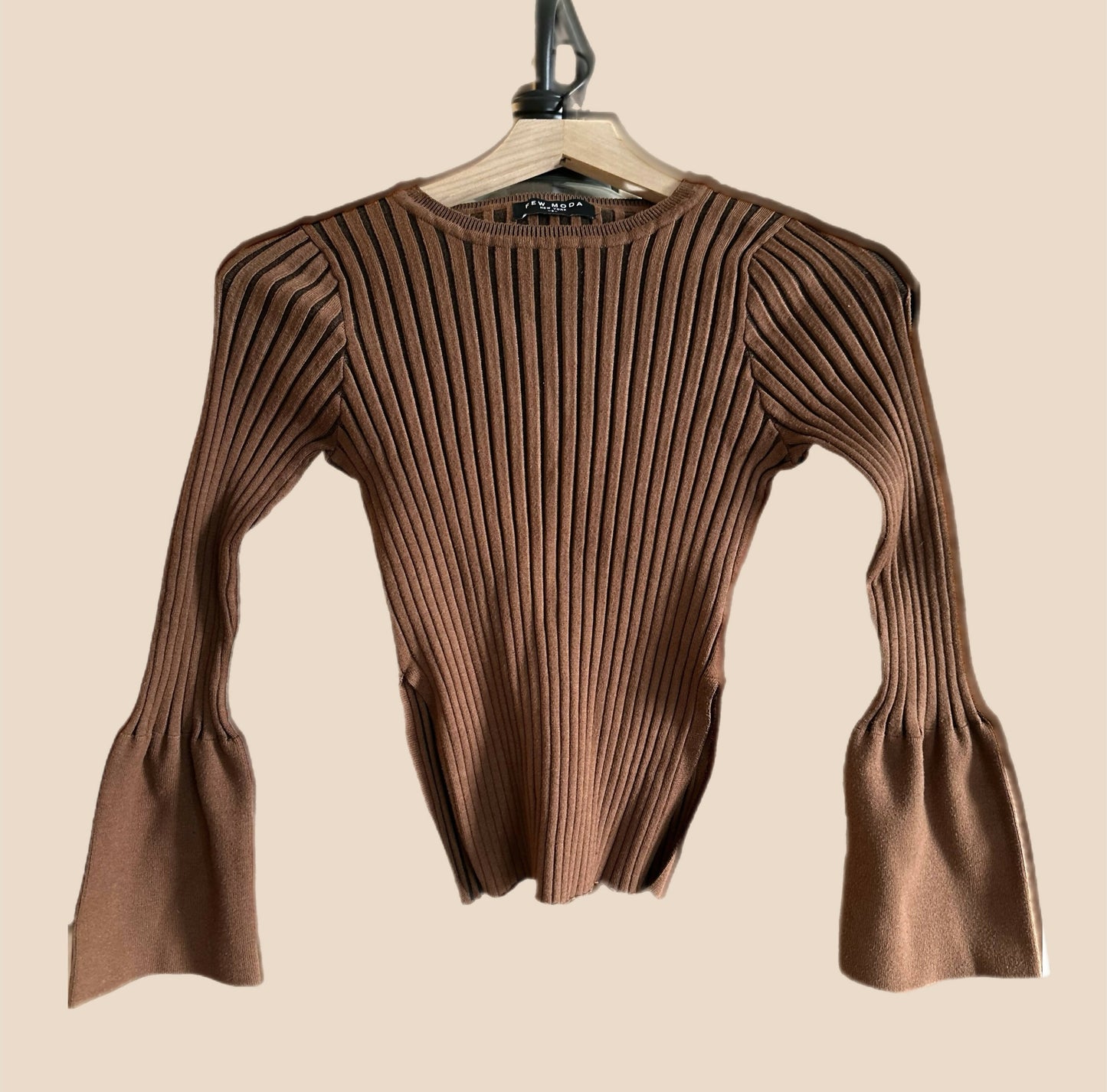 Few Moda Ribbed Bell Sleeve Sweater Blouse - Brown