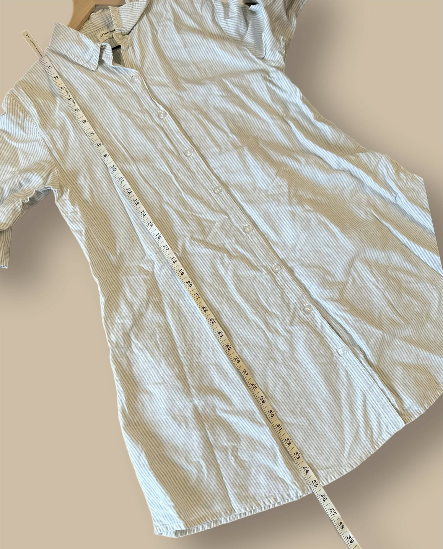 Tribe Alive Repurposed Denim Shirt Dress - Stripes - Off White Multi/Blue + White