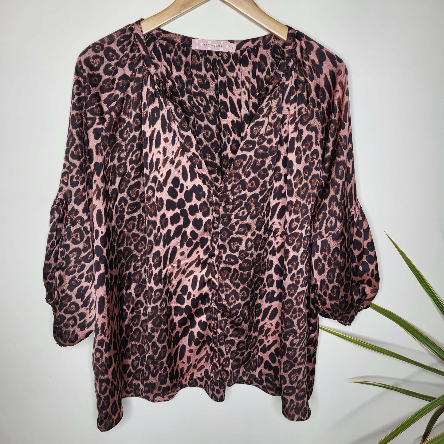 Traffic People High-Low Hem Splitneck Sheer Blouse - Animal - Pink Multi/Pink