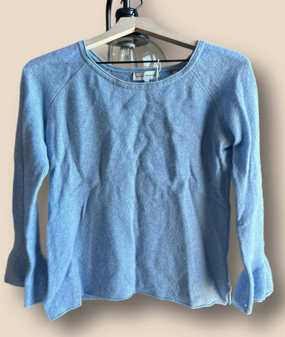 White + Warren Long Bell-Sleeve Crew Neck Cashmere Sweater With Furled Trim - Blue