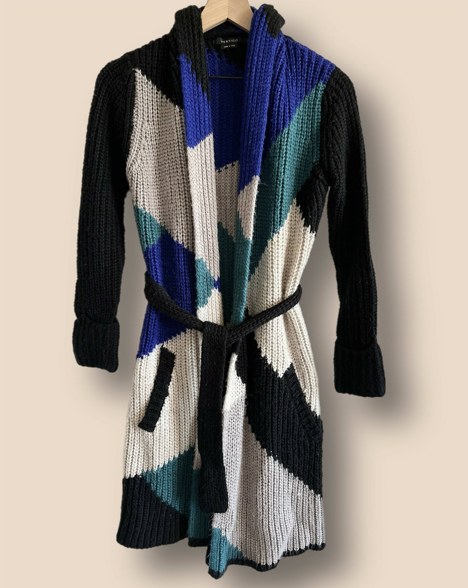 Vertigo Open Front Long Cardigan - Colorblock - Blue Multi/Black Multi