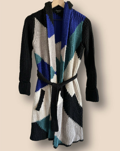 Vertigo Open Front Long Cardigan - Colorblock - Blue Multi/Black Multi