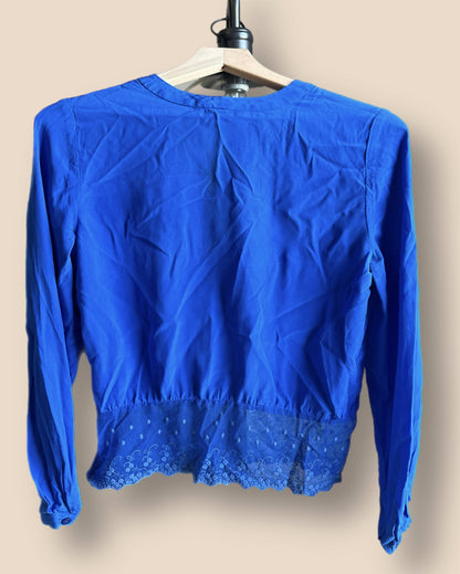 Yigal Azrouel Long Sleeve V-Neck Lace Trim Silk Blouse - Blue