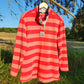 Southern Tide Long Sleeve Skiptide Pullover Button-Down Shirt - Stripes - Pink Multi/Fire Red - M