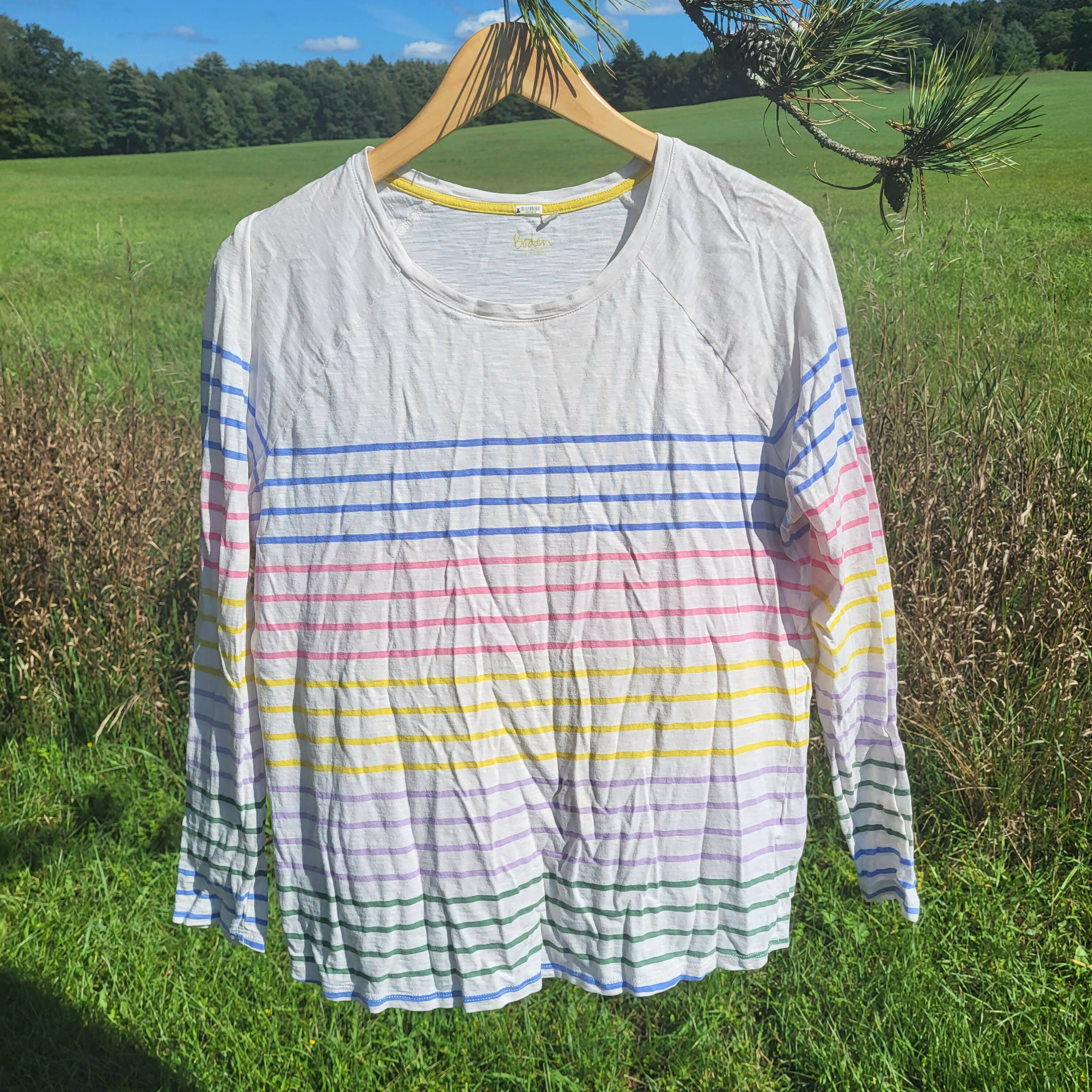 Boden Lorna Baseball Jersey Tee - Stripes - White Multi/Rainbow Multi Stripe - M