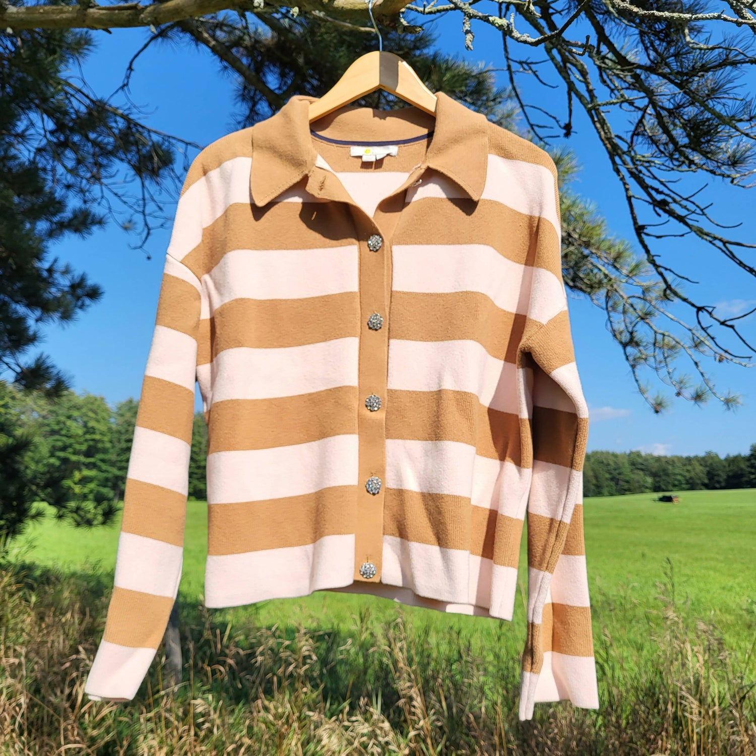 Boden Jewel Button Collared Open Cardigan - Stripes - Pink Multi/Milkshake/Camel Stripe - 10