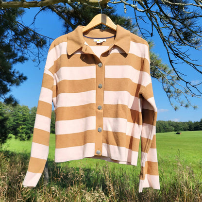 Boden Jewel Button Collared Open Cardigan - Stripes - Pink Multi/Milkshake/Camel Stripe - 10