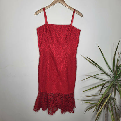 Milly Lace Overlay Flounce Dress - Abstract - Red/Ruby