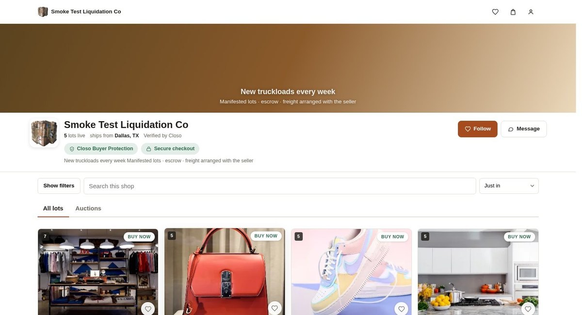The Closo demo storefront: profile with Verified by Closo, Follow and Message, All lots and Auctions tabs, manifested lots with Add to bag