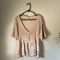 POL Women’s Blush Pink Textured V-Neck Blouse Sz S Boho Lightweight V…