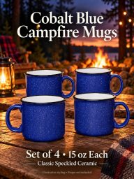 Cobalt Blue Speckled Ceramic Campfire Mugs Set of 4 (15 oz ez)