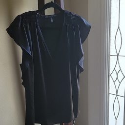 White House Black Market Black Ruffled V Neck Flutter Sleeve Blouse