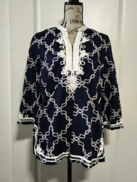 Charter Club Navy Blue & White Patterned Women's Tunic Top- L