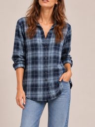 J Jill Navy Light Blue Plaid Cotton Double Layer Button Down Tunic Sh…