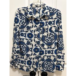 Worthington Silk Women’s LS Blouse Sz S Blue White Floral Medallion B…