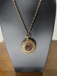 Vintage 1975 Avon Gold-Tone Filigree Locket Pendant Necklace with Amb…