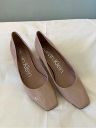 Calvin Klein Blush Patent Leather Square Toe Block Heel Pumps
