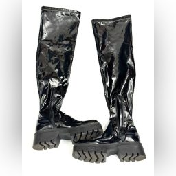 Zara Woman Faux Patent Leather Knee High Boots Black 3008/810 Sz 37