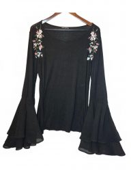 Cable & Gauge Floral Embroidered Bell Sleeve Top Whimsical Witchy Co…