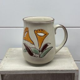 Vintage Style Hand Painted Floral Stoneware Coffee Mug Cream Orange…