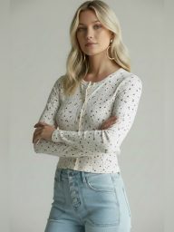Just Polly White Button-Front Top with Red Dot Floral Print. NWT!!